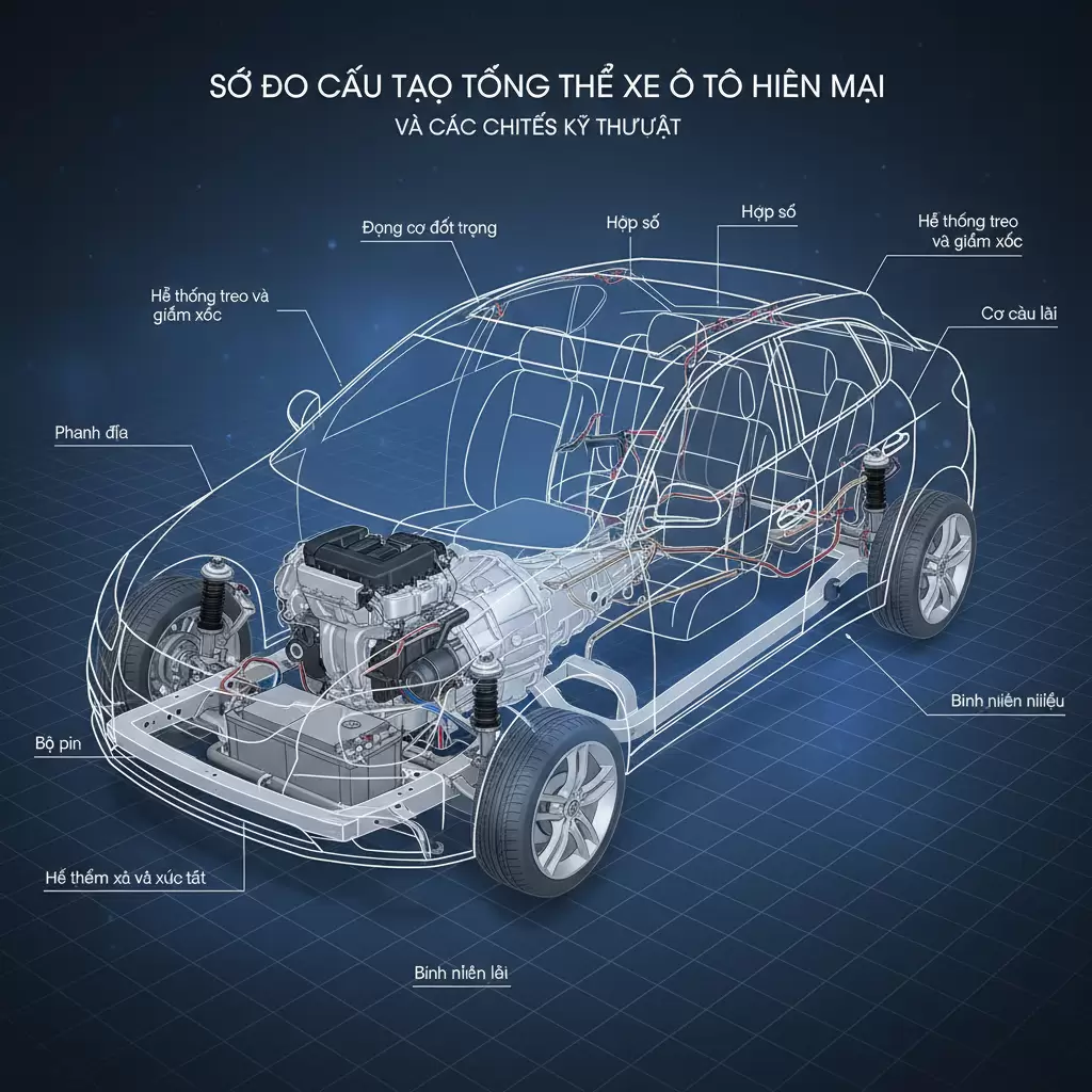 Sơ đồ mô phỏng tổng quát các bộ phận cơ bản cấu thành một chiếc xe ô tô