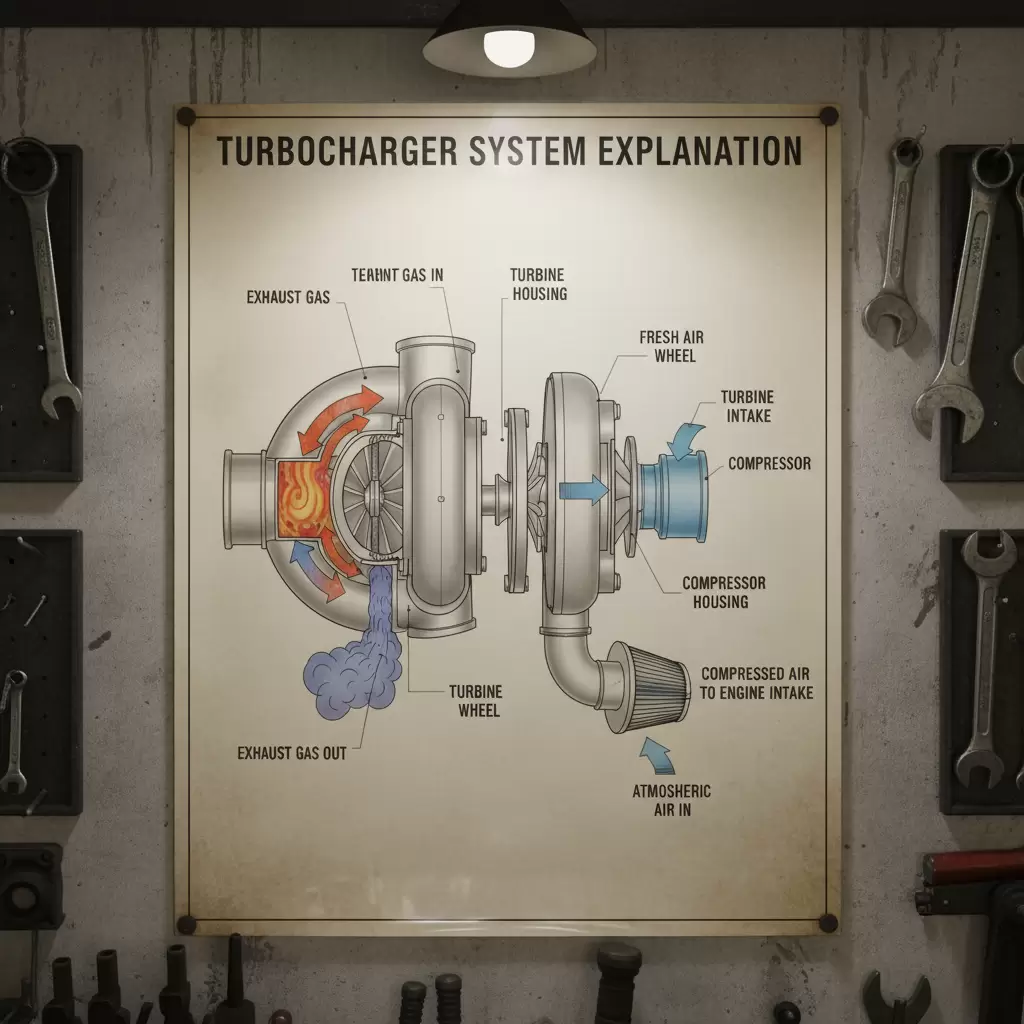 gemini_image_1768644299 Sơ đồ minh họa cơ chế vận hành của hệ thống Turbo tăng áp