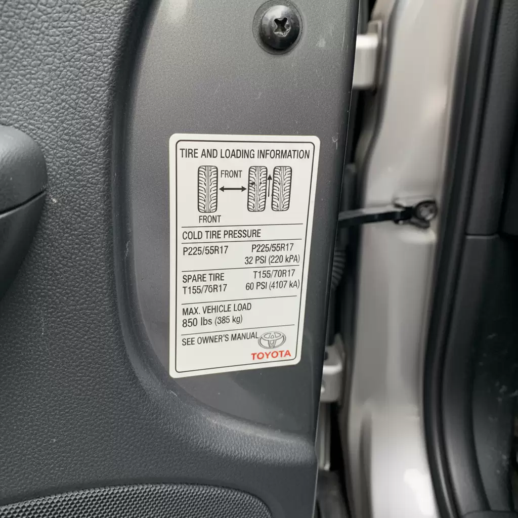 gemini_image_1768645382 Bảng thông số kỹ thuật dán ở khung cửa xe giúp chủ xe dễ dàng tra cứu kích thước lốp chuẩn