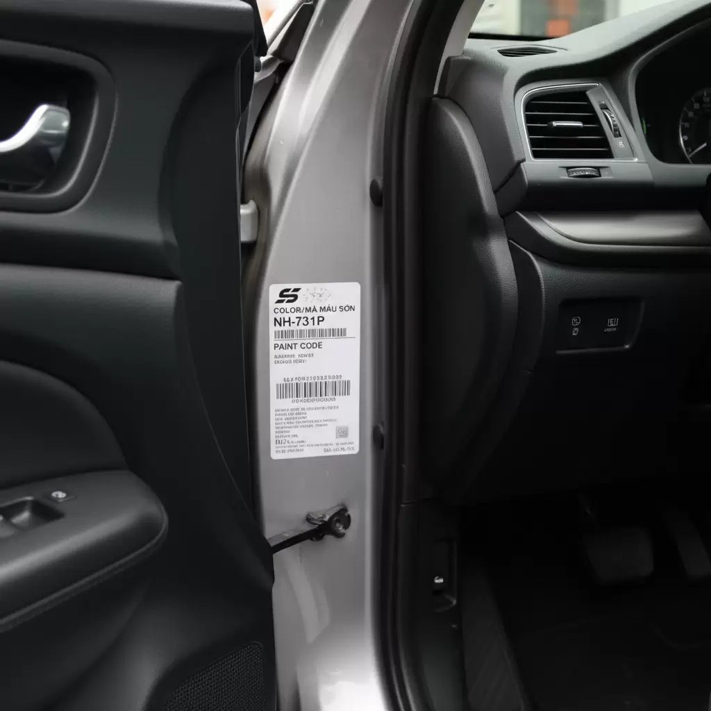 gemini_image_1768645825 Tem thông số kỹ thuật chứa mã màu sơn thường nằm ở khung cửa phía ghế lái