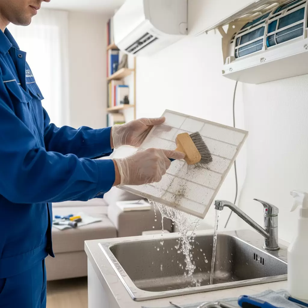 gemini_image_1768647478 Thao tác vệ sinh lưới lọc cần nhẹ nhàng để tránh làm hỏng cấu trúc màng lọc