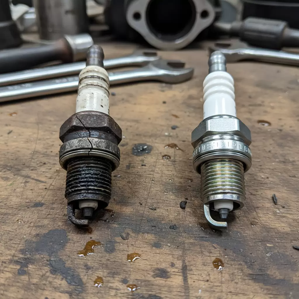 gemini_image_1768648019 Sự khác biệt rõ rệt giữa bugi mới và bugi đã qua sử dụng bị mòn điện cực