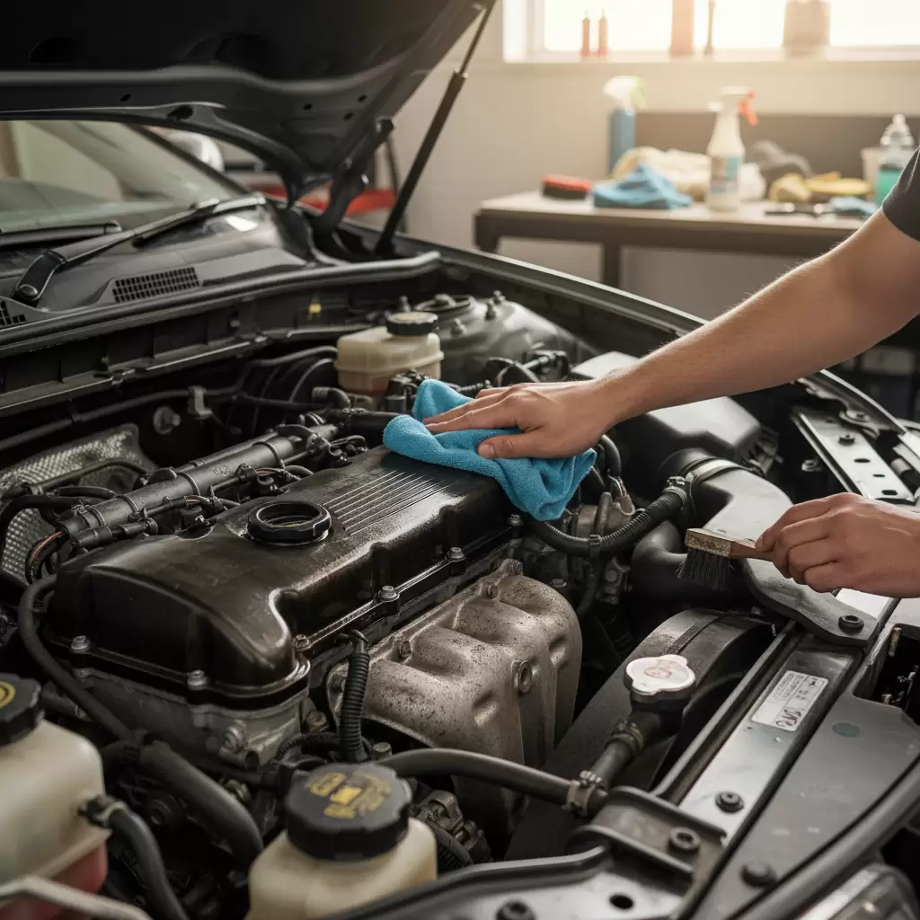 Sử dụng khăn mềm và bàn chải để làm sạch các ngóc ngách trong khoang máy một cách an toàn