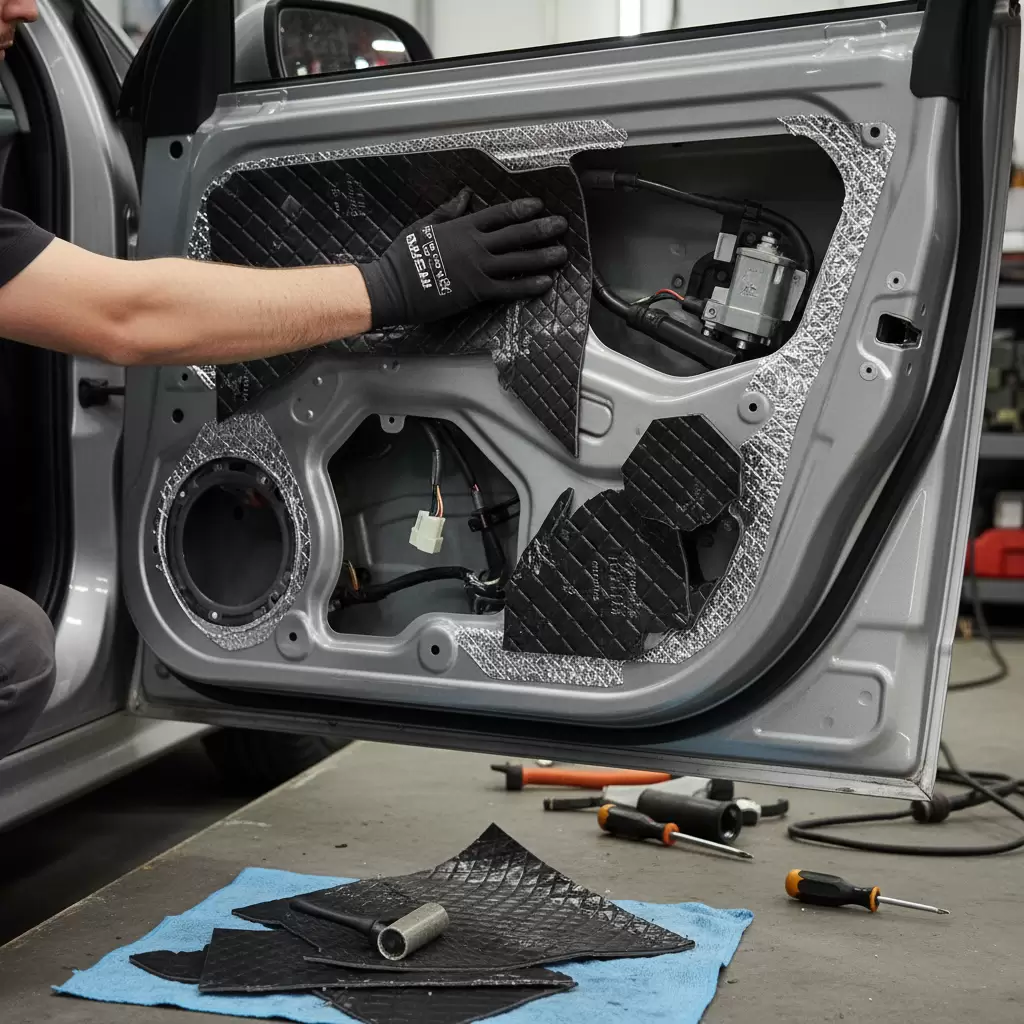 gemini_image_1768651260 Thi công dán vật liệu cách âm chuyên dụng cho sàn và cửa xe