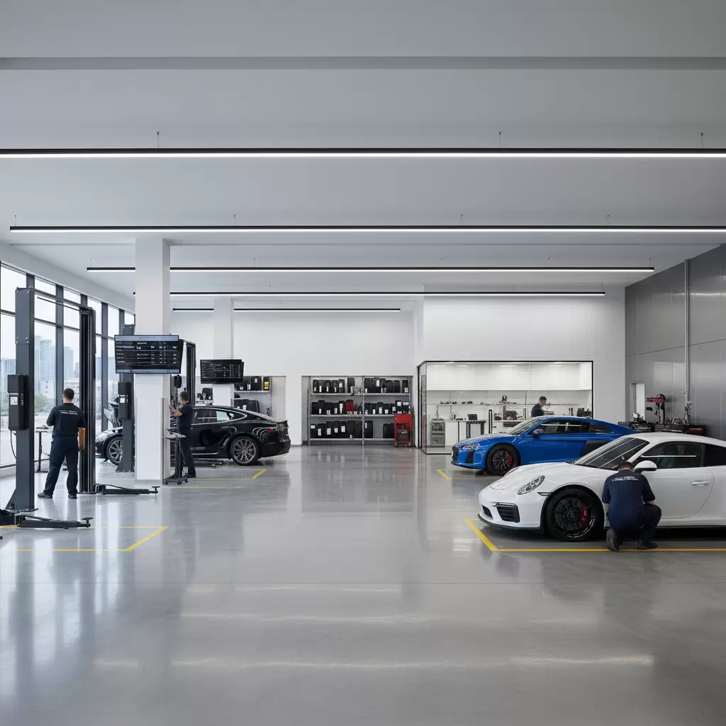 gemini_image_1768655068 Không gian gara bảo dưỡng xe hiện đại và chuyên nghiệp là yếu tố đầu tiên thu hút khách hàng