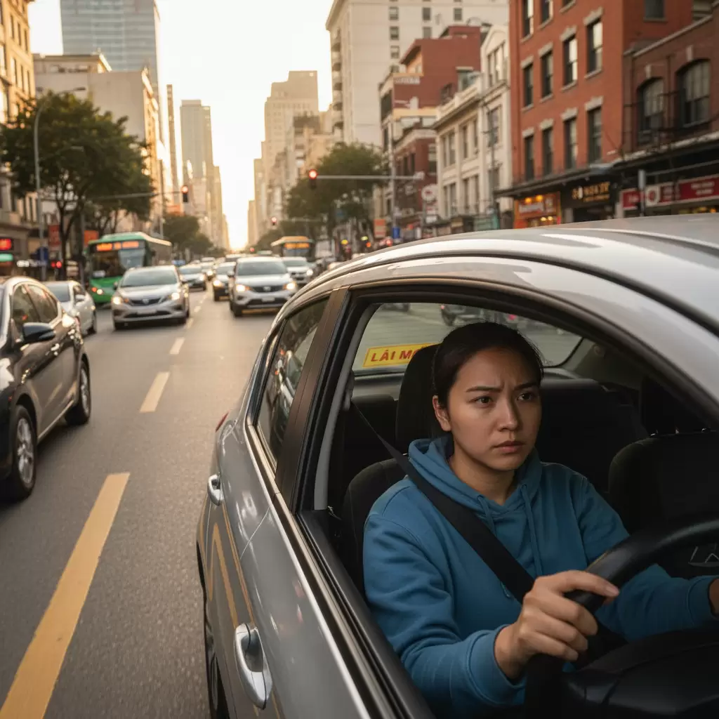 gemini_image_1768658646 Người mới lái xe cần sự tập trung cao độ để xử lý các tình huống giao thông thực tế