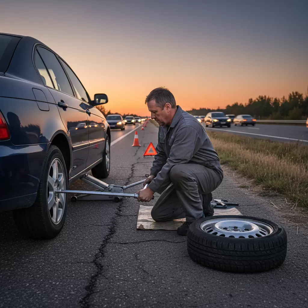 gemini_image_1768662123 Thao tác thay lốp dự phòng cần thực hiện đúng trình tự để đảm bảo xe không bị trượt khỏi kích