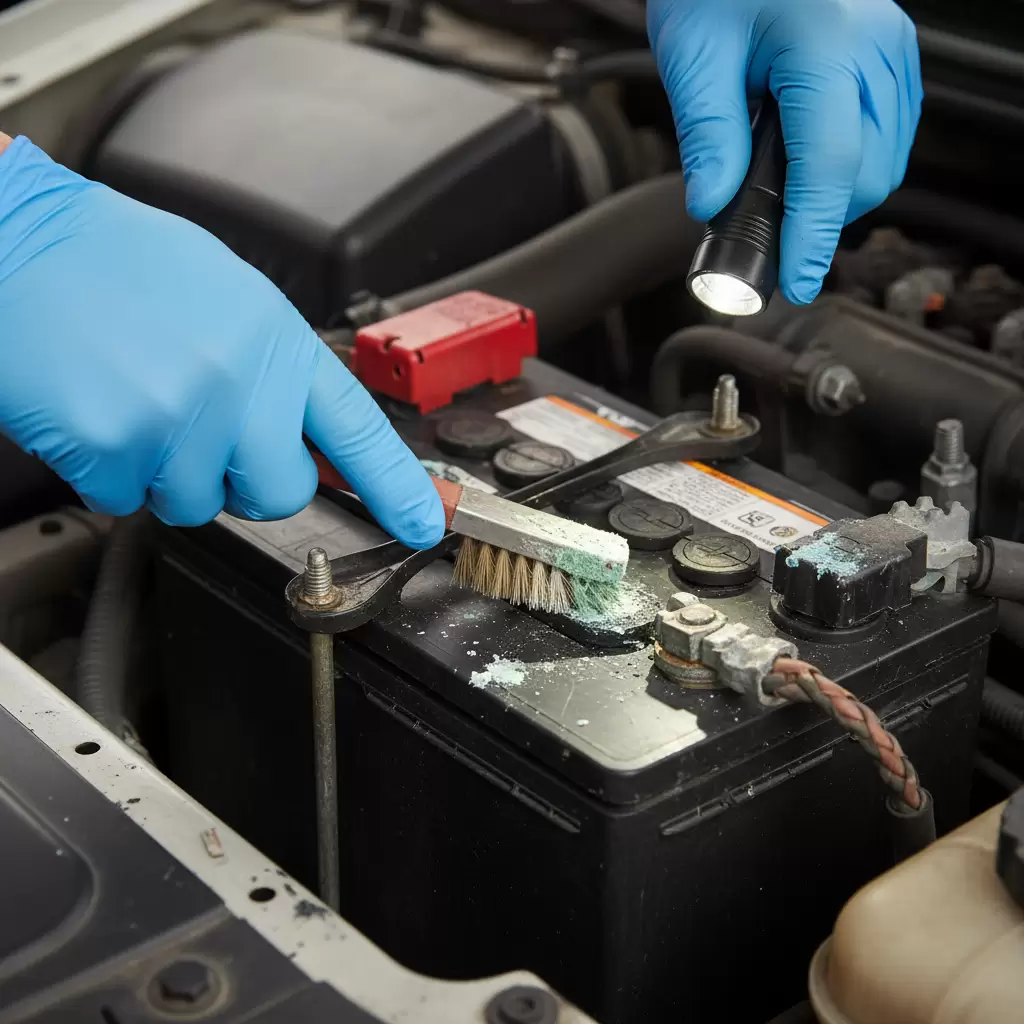 Kiểm tra tình trạng bình ắc quy và các đầu cực là bước quan trọng để đảm bảo khả năng khởi động