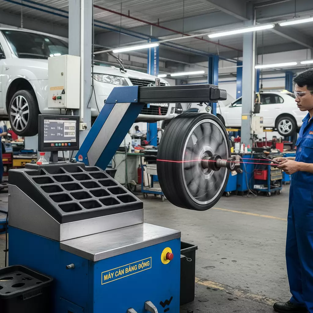 gemini_image_1768673409 Cân bằng động bánh xe là bước quan trọng để loại bỏ rung lắc