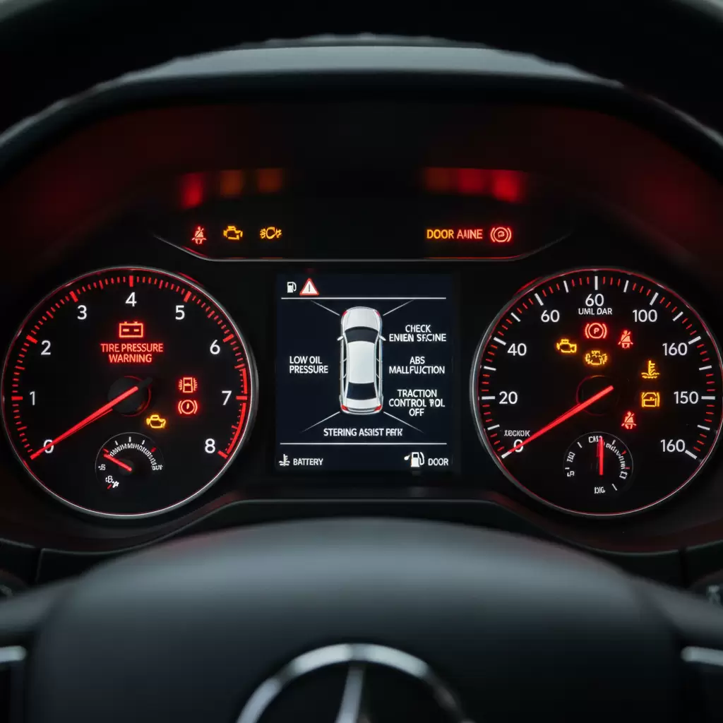 gemini_image_1768673635 Hệ thống đèn báo lỗi trên bảng taplo xe ô tô hiện đại