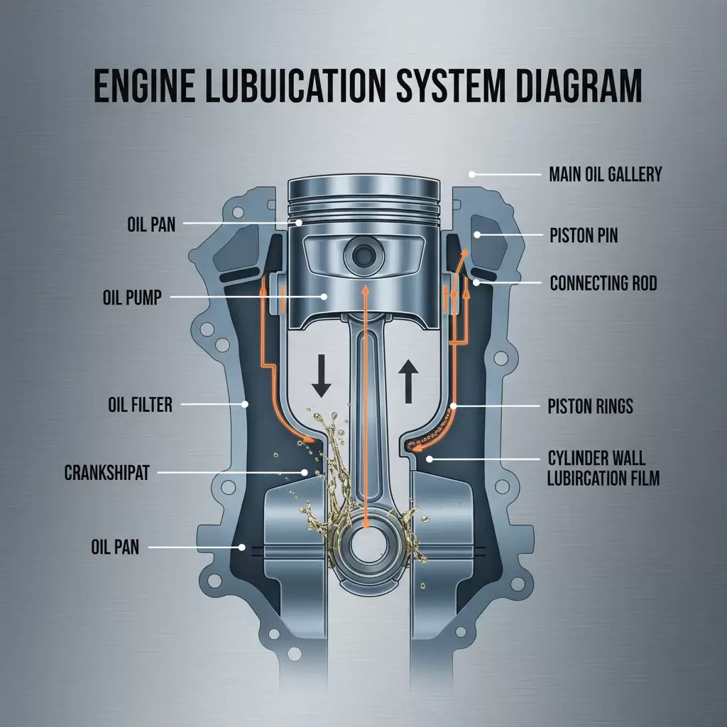 Sơ đồ minh họa quá trình bôi trơn và sự tiếp xúc của dầu nhớt trong buồng đốt