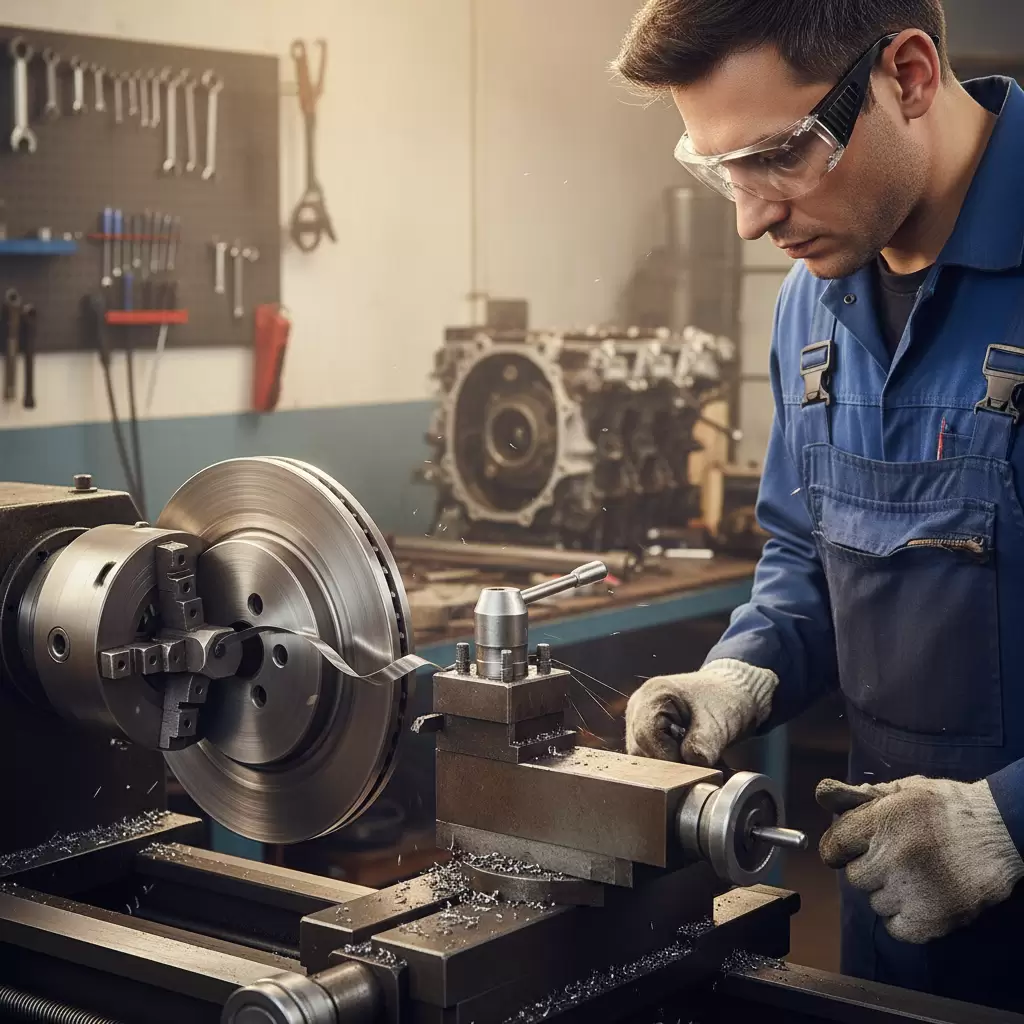 Kỹ thuật viên thực hiện láng đĩa phanh để tái tạo bề mặt phẳng mịn