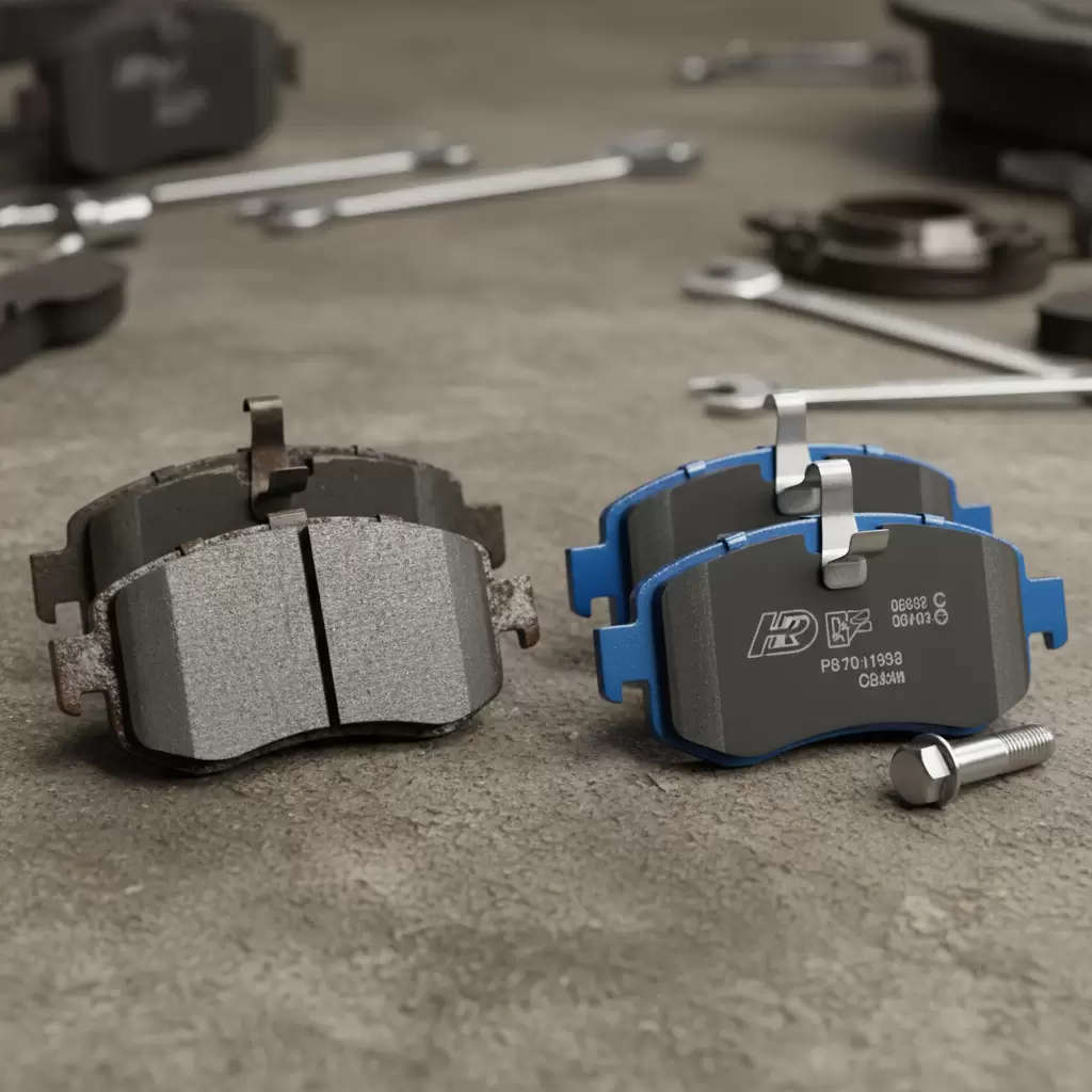 Sự khác biệt rõ rệt giữa má phanh mới và má phanh đã bị mòn hết lớp ma sát