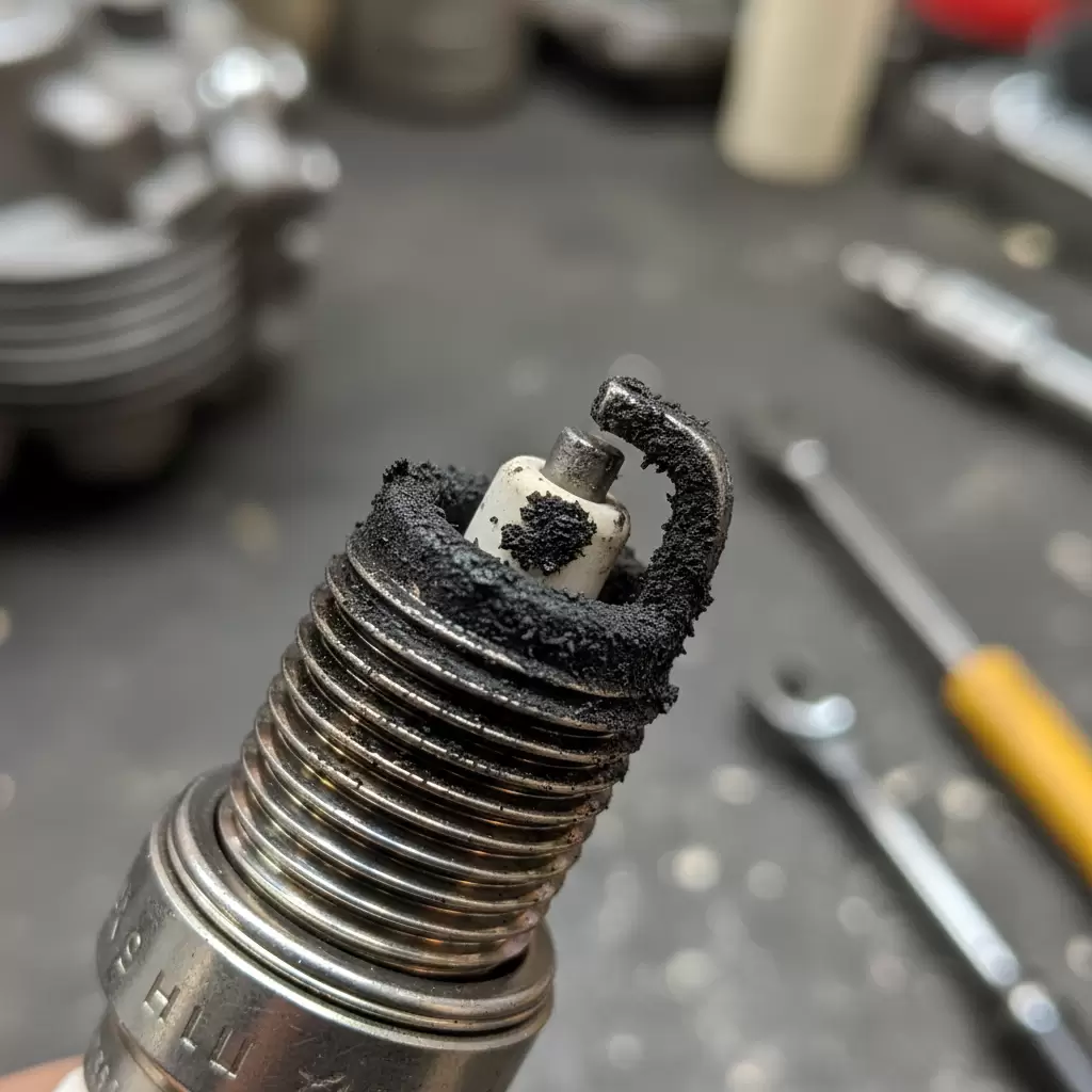 Tình trạng bugi xe bị bám muội đen carbon gây ảnh hưởng đến hệ thống đánh lửa